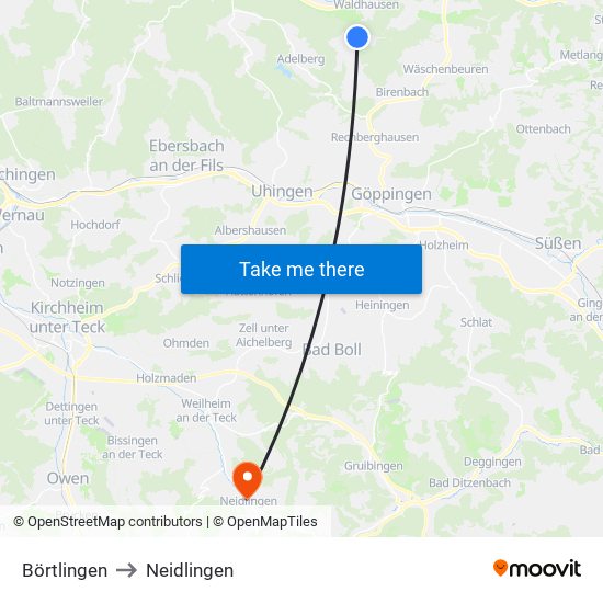 Börtlingen to Neidlingen map