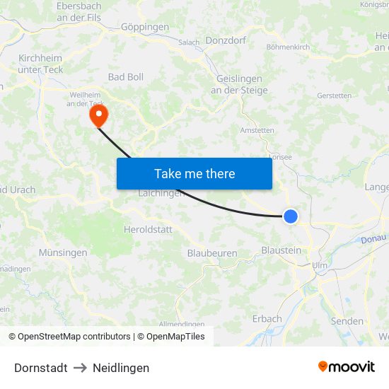 Dornstadt to Neidlingen map