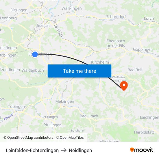 Leinfelden-Echterdingen to Neidlingen map