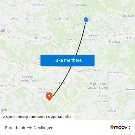 Spraitbach to Neidlingen map