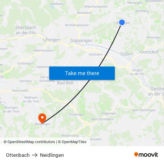 Ottenbach to Neidlingen map