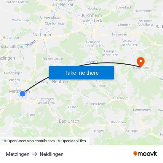 Metzingen to Neidlingen map