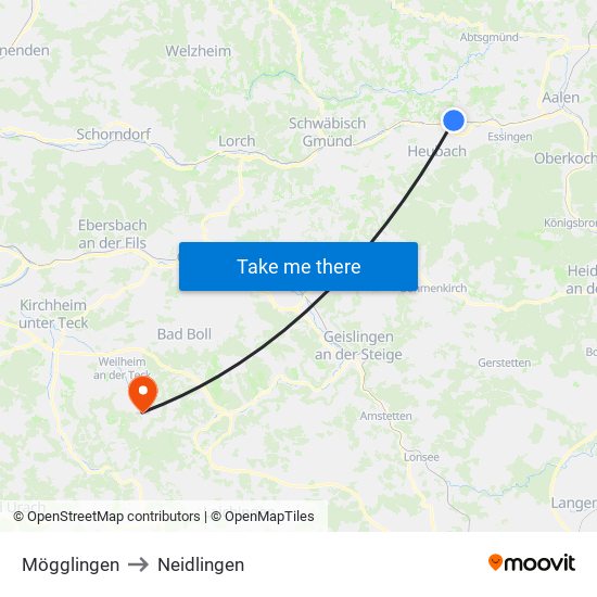 Mögglingen to Neidlingen map