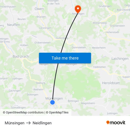 Münsingen to Neidlingen map
