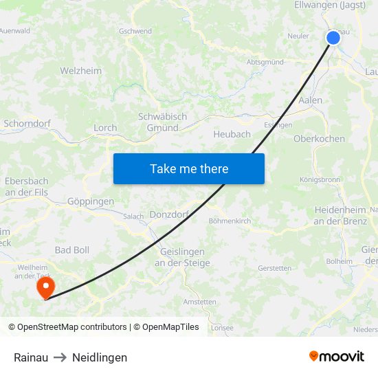 Rainau to Neidlingen map