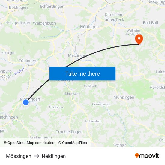 Mössingen to Neidlingen map