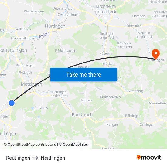 Reutlingen to Neidlingen map