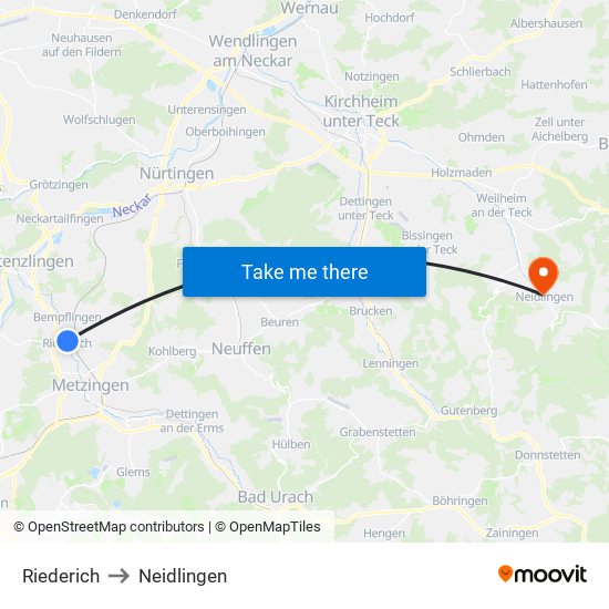 Riederich to Neidlingen map