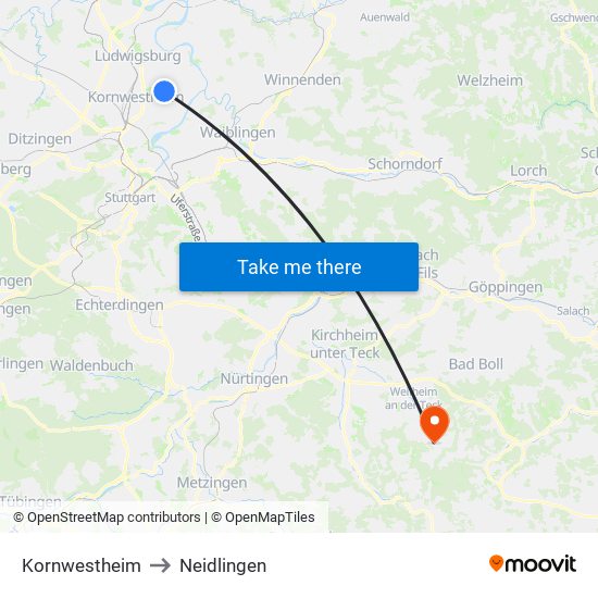 Kornwestheim to Neidlingen map