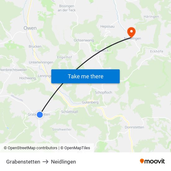 Grabenstetten to Neidlingen map