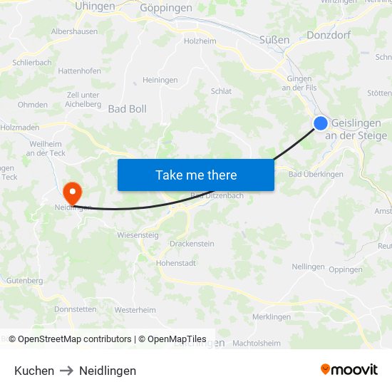 Kuchen to Neidlingen map