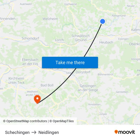Schechingen to Neidlingen map