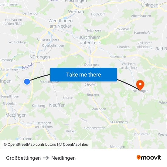 Großbettlingen to Neidlingen map