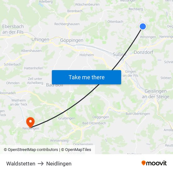 Waldstetten to Neidlingen map