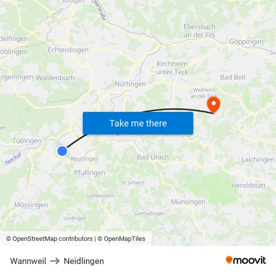 Wannweil to Neidlingen map
