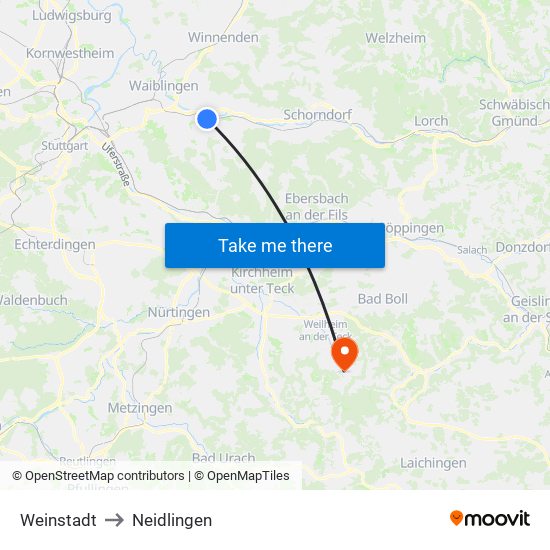 Weinstadt to Neidlingen map