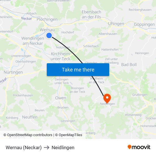 Wernau (Neckar) to Neidlingen map