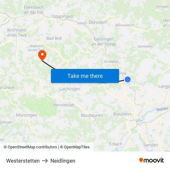 Westerstetten to Neidlingen map