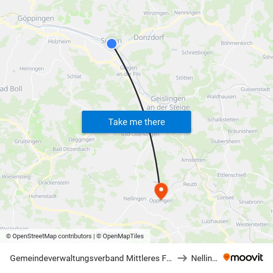 Gemeindeverwaltungsverband Mittleres Fils-Lautertal to Nellingen map