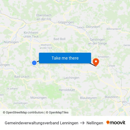 Gemeindeverwaltungsverband Lenningen to Nellingen map