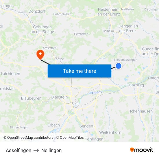 Asselfingen to Nellingen map