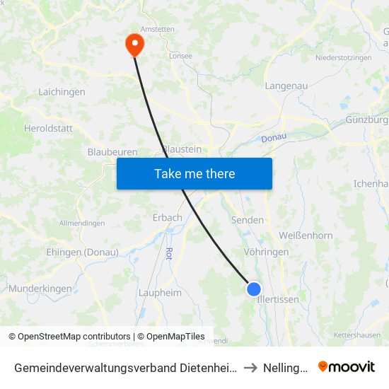 Gemeindeverwaltungsverband Dietenheim to Nellingen map