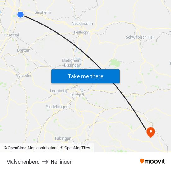 Malschenberg to Nellingen map