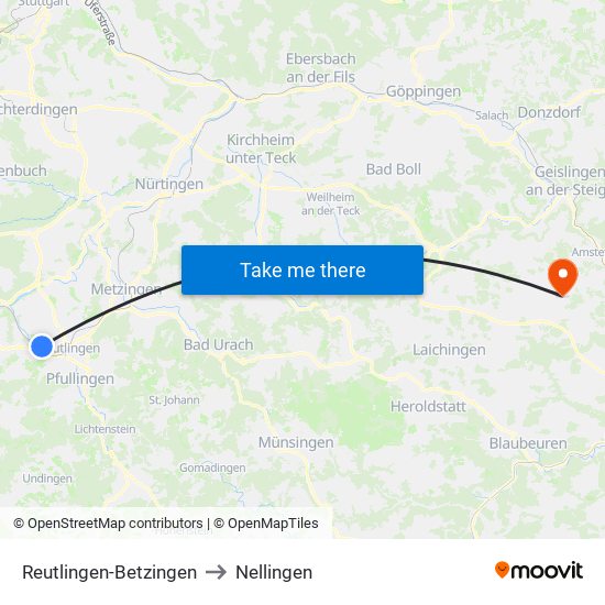 Reutlingen-Betzingen to Nellingen map