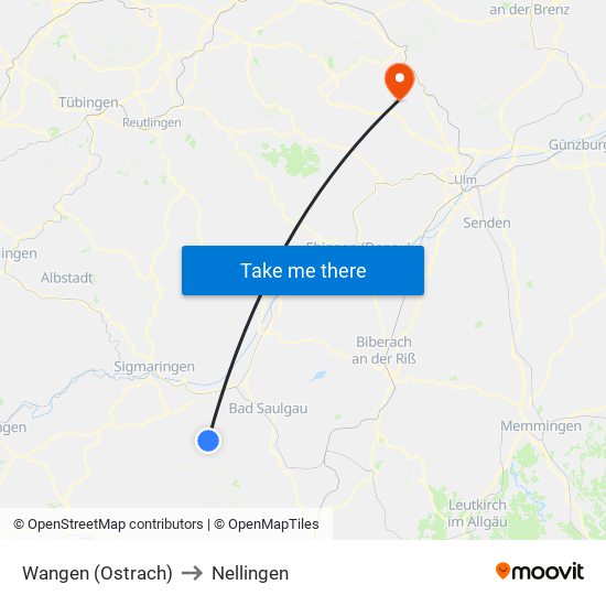 Wangen (Ostrach) to Nellingen map