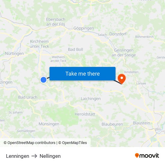 Lenningen to Nellingen map