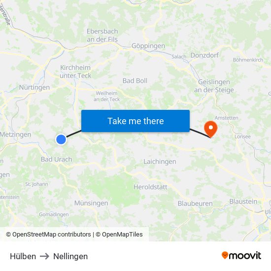 Hülben to Nellingen map
