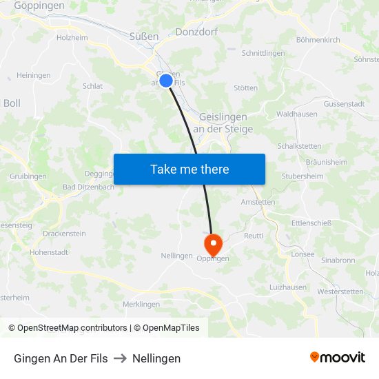 Gingen An Der Fils to Nellingen map