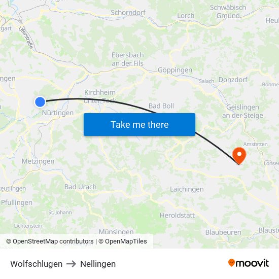 Wolfschlugen to Nellingen map