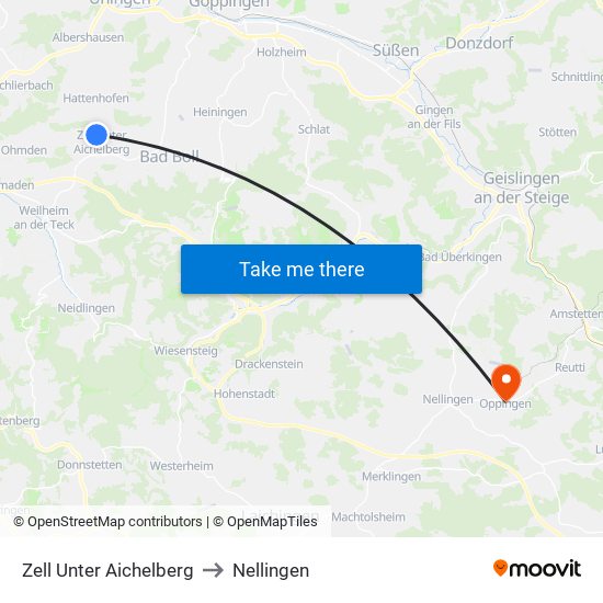 Zell Unter Aichelberg to Nellingen map