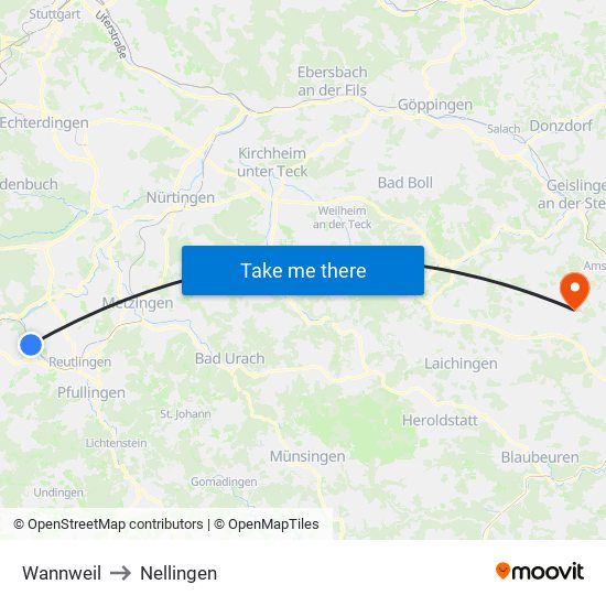 Wannweil to Nellingen map