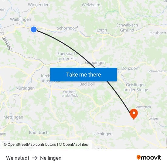 Weinstadt to Nellingen map