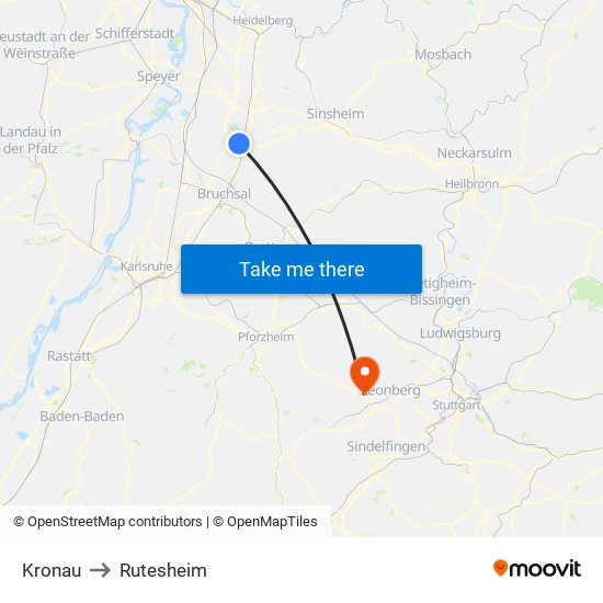 Kronau to Rutesheim map