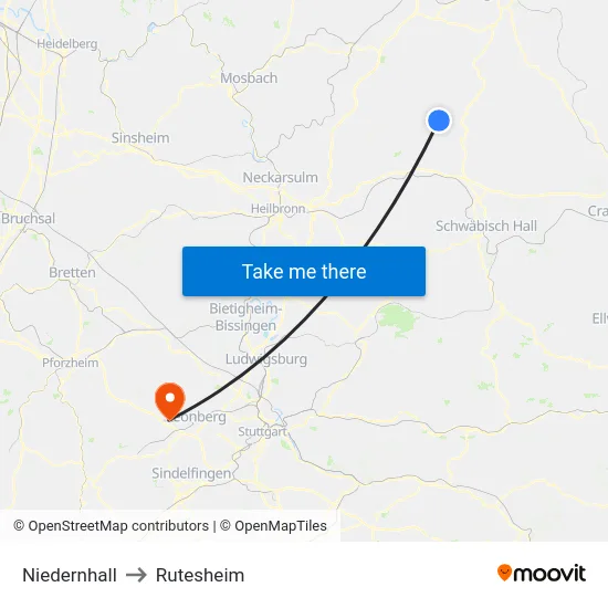 Niedernhall to Rutesheim map