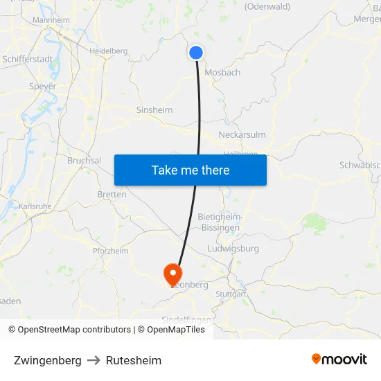 Zwingenberg to Rutesheim map