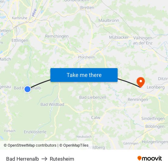 Bad Herrenalb to Rutesheim map
