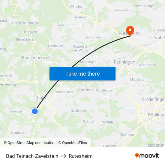 Bad Teinach-Zavelstein to Rutesheim map