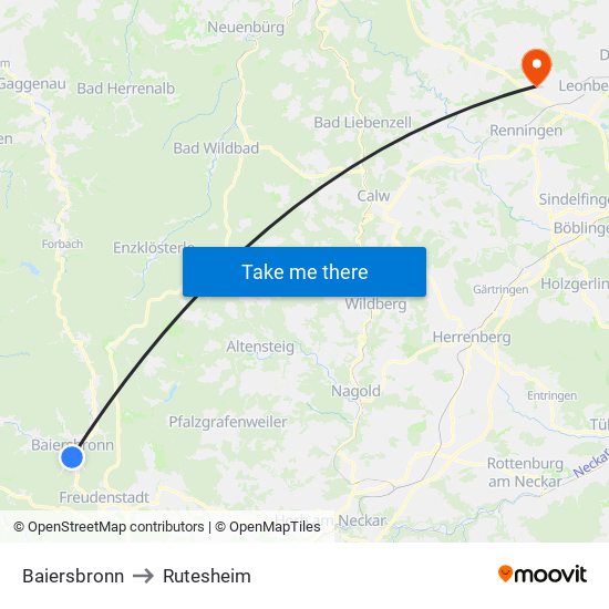 Baiersbronn to Rutesheim map