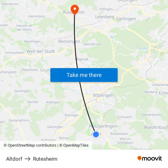 Altdorf to Rutesheim map