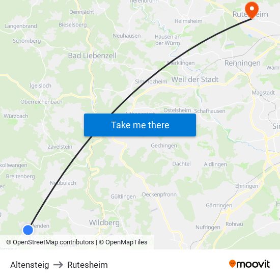 Altensteig to Rutesheim map