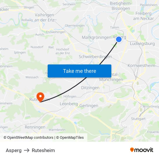 Asperg to Rutesheim map