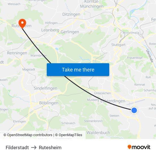 Filderstadt to Rutesheim map