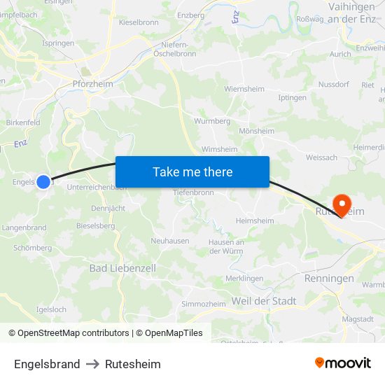Engelsbrand to Rutesheim map
