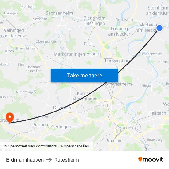 Erdmannhausen to Rutesheim map
