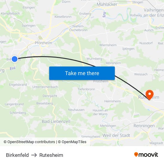 Birkenfeld to Rutesheim map