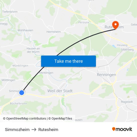 Simmozheim to Rutesheim map